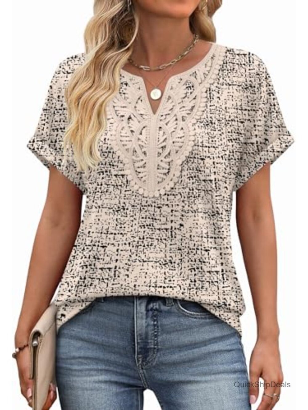 Womens Lace V-Neck Tunic Top Short Sleeve Boho Blouse for Leggings